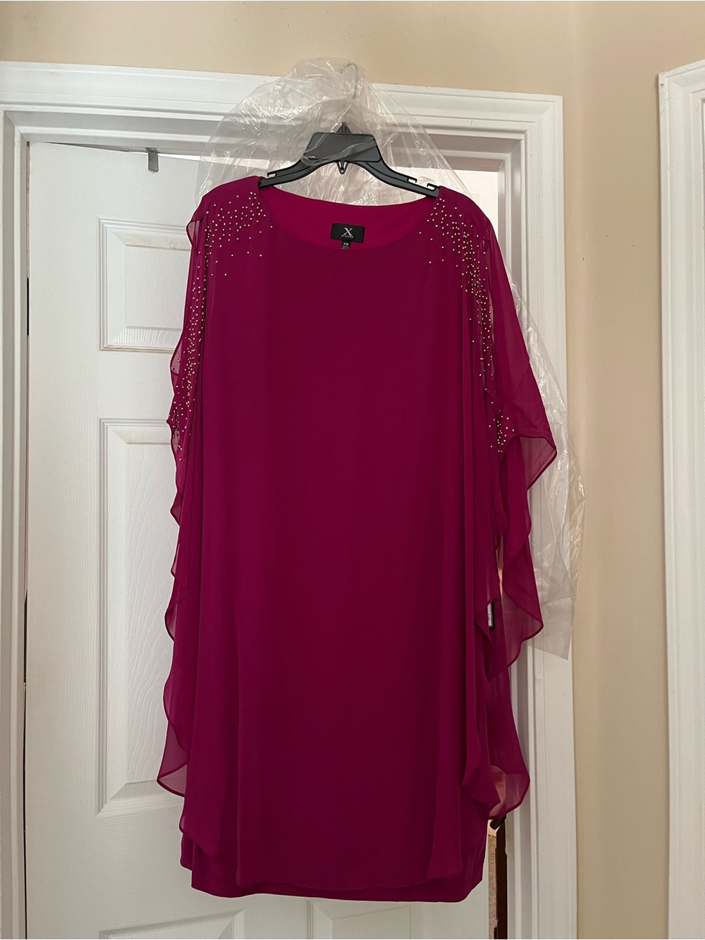 Fuchsia Chiffon Overlay Dress with Rhinestone Accents.